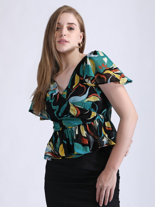 Foresta Wrap Peplum Top Cinched Waist QROSH