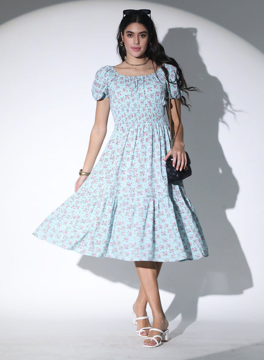 Cottage Core Sky Blue Floral Dress QROSH