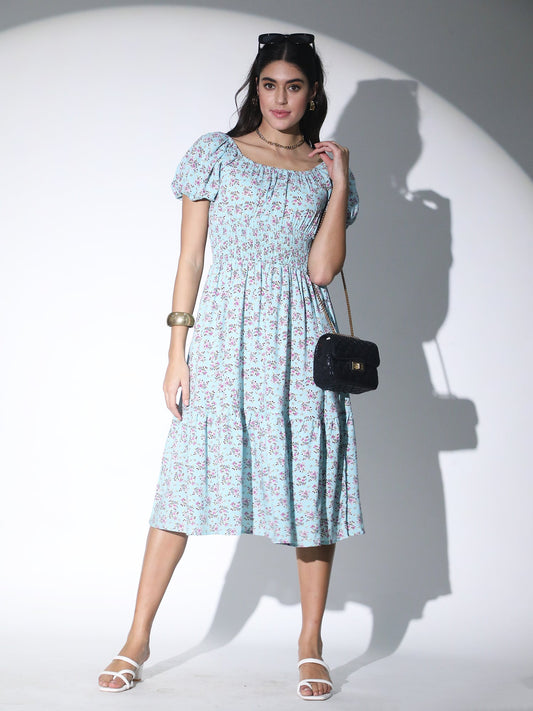 Cottage Core Sky Blue Floral Dress QROSH