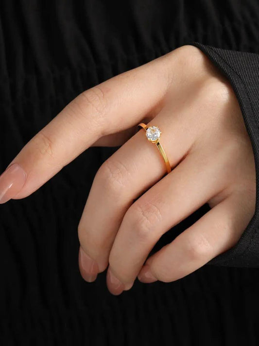18K Gold Plated Solitaire Stone Band Ring QROSH