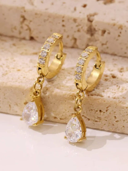 18K Gold Plated Dainty Solitaire Drop Huggies QROSH