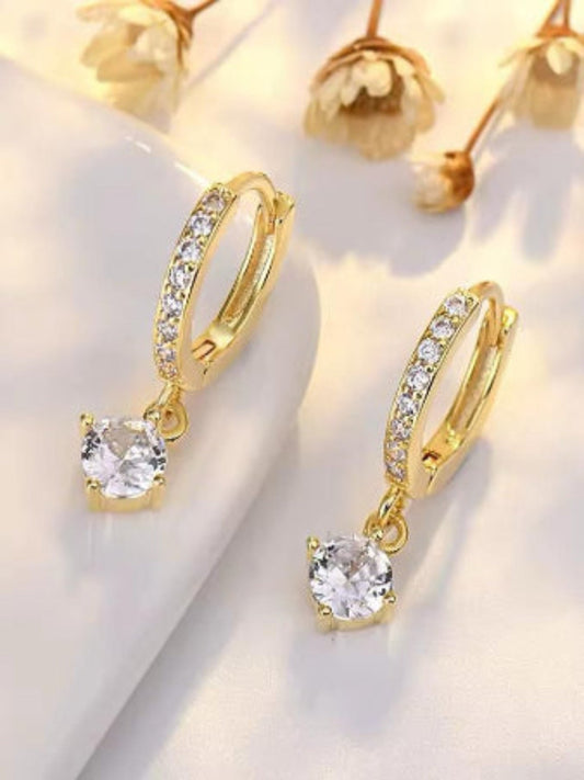 18K Gold Plated Dainty Solitaire Hoop Huggies QROSH