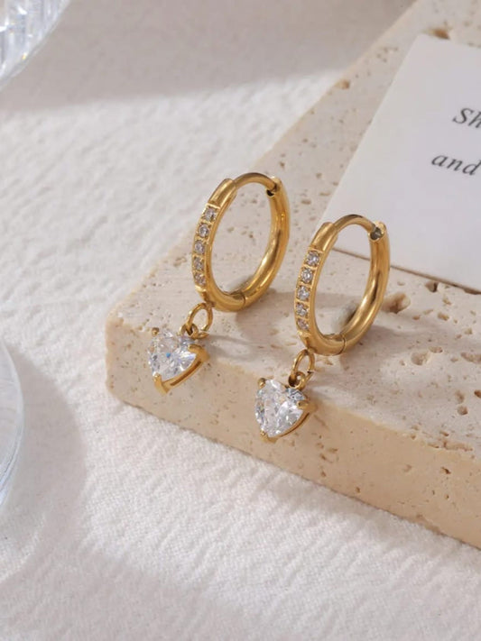 Romantic 18K Gold Plated Heart Solitaire Hoop Earrings QROSH