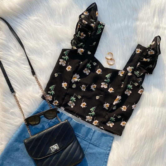 Floral Crop Top Pink and Black My Store