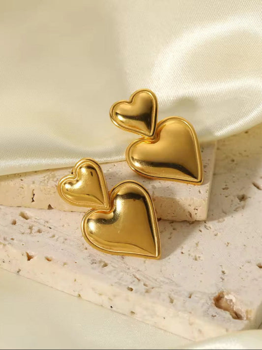 Chic 18K Gold Plated Double Heart Dangle Earrings QROSH