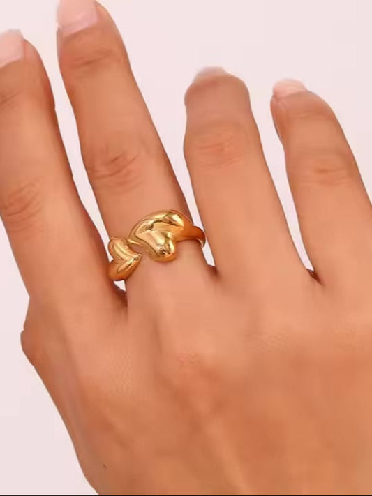 18K Gold Plated 316L Double Heart Adjustable Ring QROSH