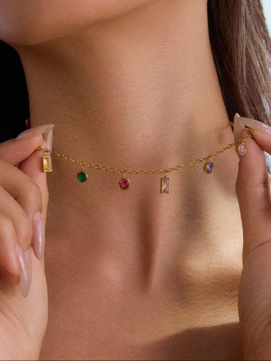 Colorful Gemstone Charm Necklace – 18K Gold-Plated QROSH