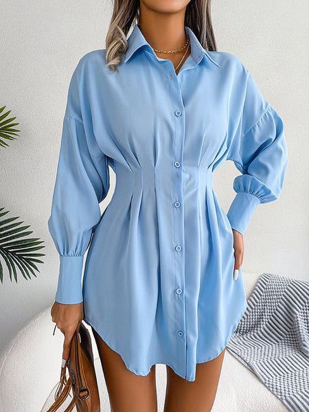 Blue Trendy Pleated Oversized Shirt Dress QROSH
