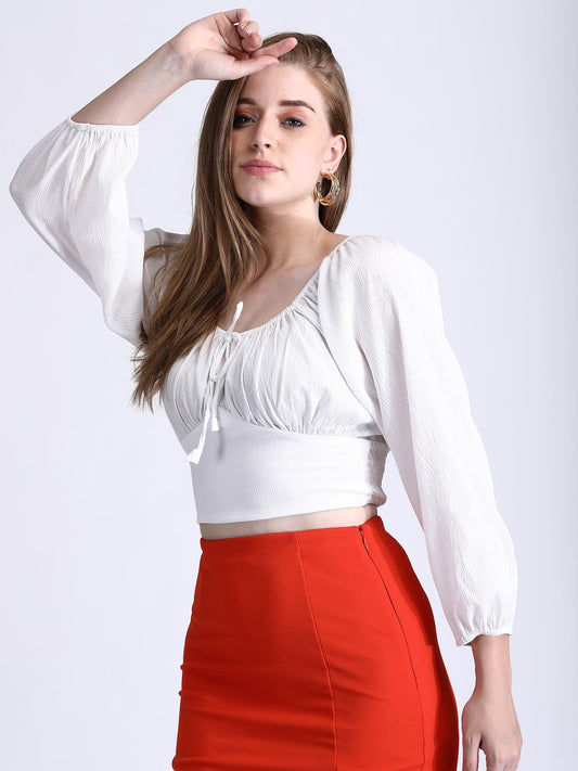 Crinkled White Crop Top with Tie QROSH