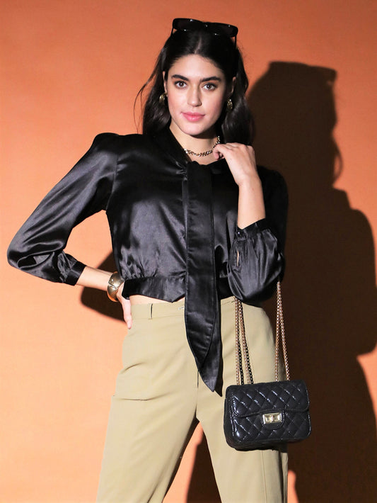 Black Satin Crop Shirt QROSH