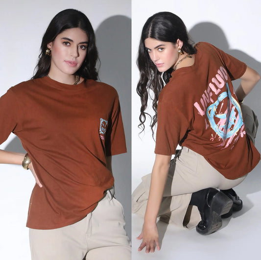 Brown Oversized Printed T-shirt QROSH