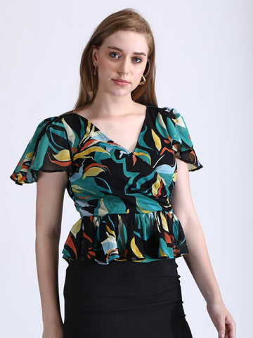 Foresta Wrap Peplum Top Cinched Waist QROSH
