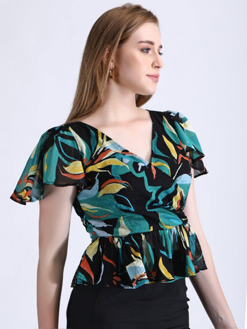 Foresta Wrap Peplum Top Cinched Waist QROSH