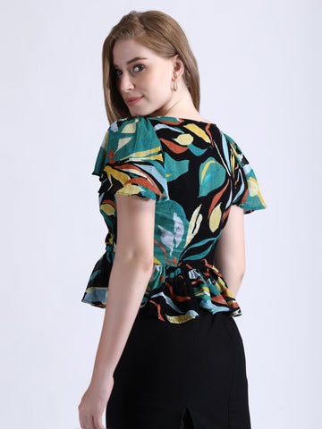 Foresta Wrap Peplum Top Cinched Waist QROSH