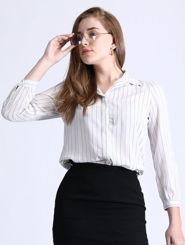 Striped White Formal Shirt for Women QROSH