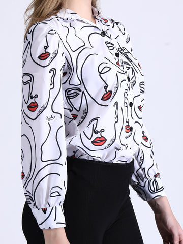 Faces Print Shirt with puff sleeve QROSH
