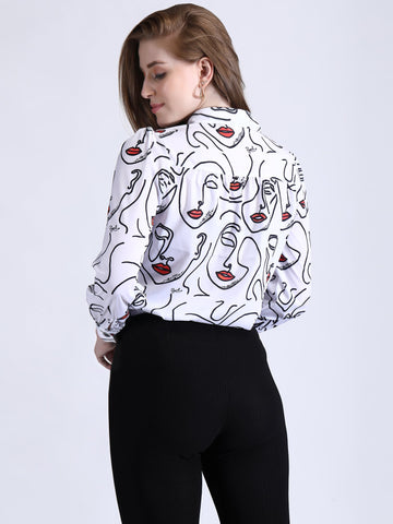 Faces Print Shirt with puff sleeve QROSH