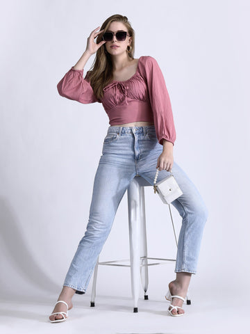 Crinkled White Crop Top with Tie QROSH