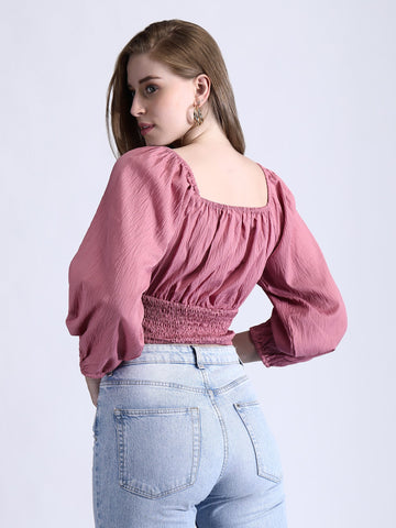 Crinkled White Crop Top with Tie QROSH