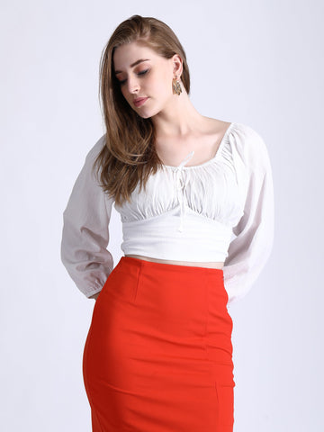 Crinkled White Crop Top with Tie QROSH