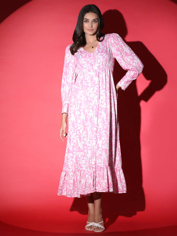 Korean Floral Pink Dress QROSH