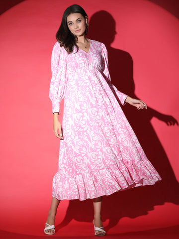 Korean Floral Pink Dress QROSH