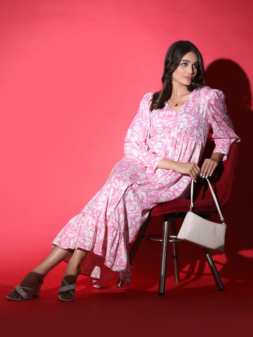 Korean Floral Pink Dress QROSH
