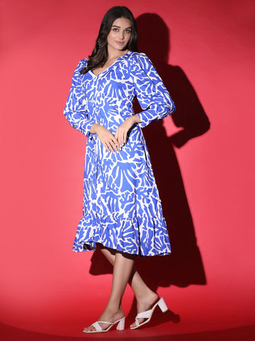 Blue White Korean Midi Dress QROSH