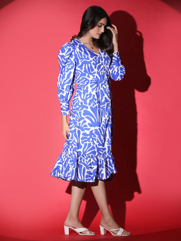 Blue White Korean Midi Dress QROSH