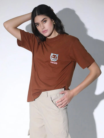 Brown Oversized Printed T-shirt QROSH