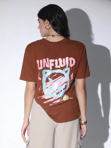 Brown Oversized Printed T-shirt QROSH