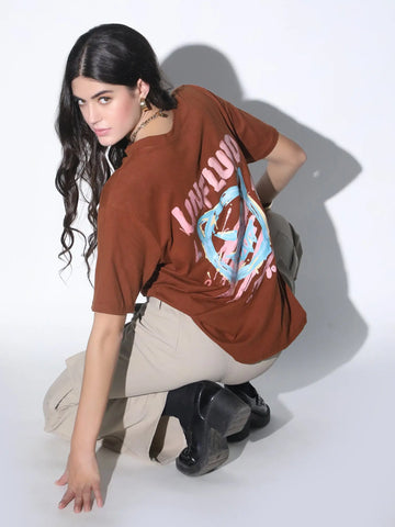 Brown Oversized Printed T-shirt QROSH