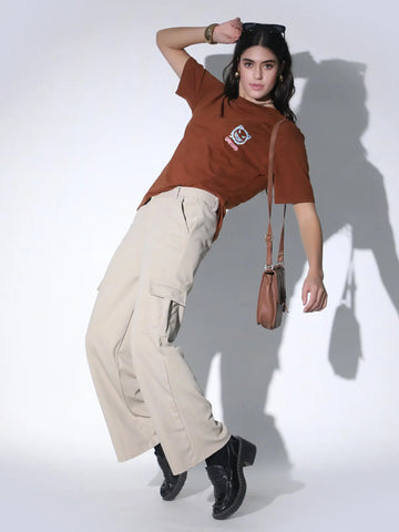 Brown Oversized Printed T-shirt QROSH