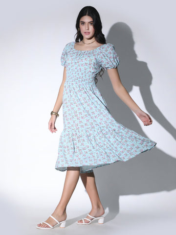 Korean Puff Sleeve Floral Dress QROSH