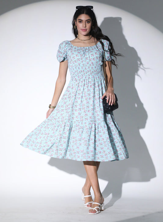 Cottage Core Sky Blue Floral Dress