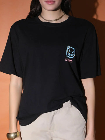 Black Oversized Printed T-shirt QROSH