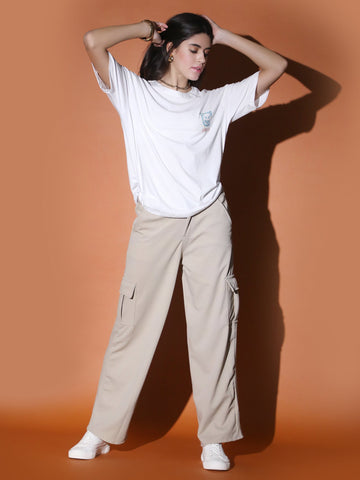 White Oversized Printed T-shirt QROSH