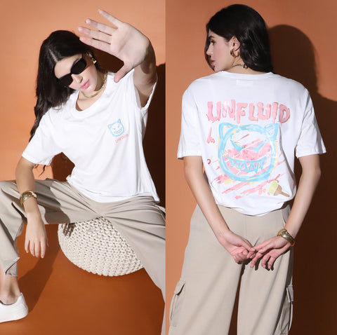 White Oversized Printed T-shirt QROSH