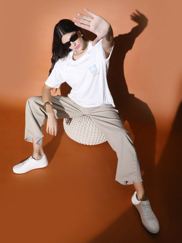 White Oversized Printed T-shirt QROSH