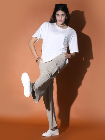 White Oversized Printed T-shirt QROSH