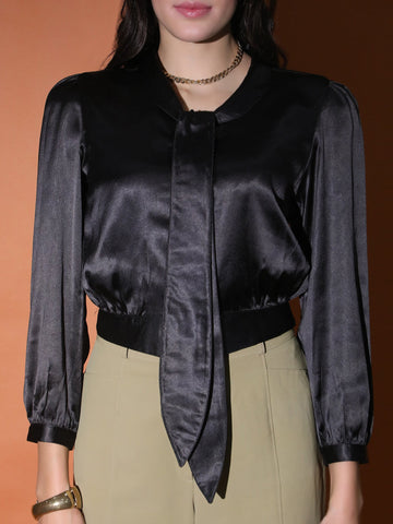 Black Satin Crop Shirt QROSH