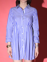 Blue Striped Pleated Shirt Dress