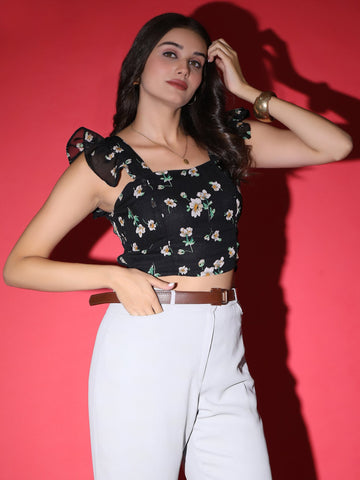 Black Floral Crop Top QROSH