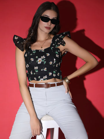 Black Floral Crop Top QROSH