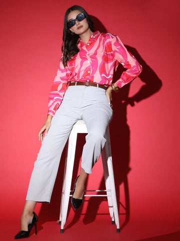 Abstract Print Hot Pink Party Wear Shirt QROSH