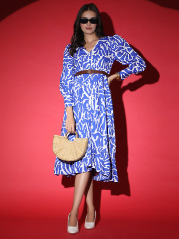 Blue White Korean Midi Dress QROSH