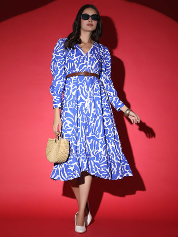 Blue White Korean Midi Dress QROSH