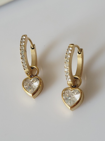 18K Gold Plated Heart Charm Hoops Earring with Sparkling Stone QROSH