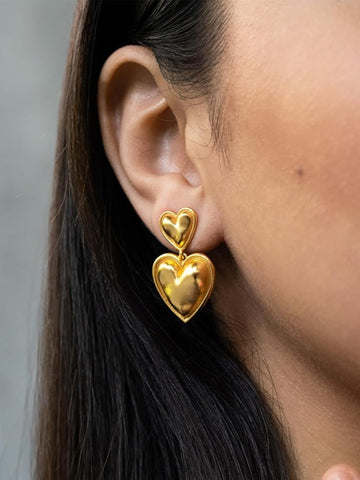 Chic 18K Gold Plated Double Heart Dangle Earrings QROSH