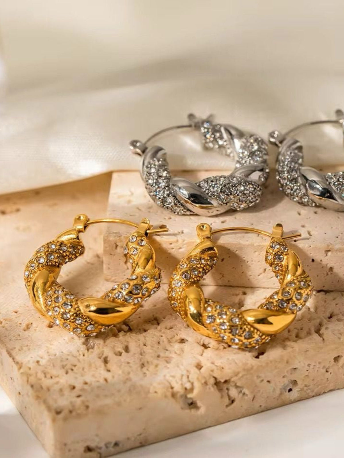 18K Gold Plated Twisted Stone Studded Hoops